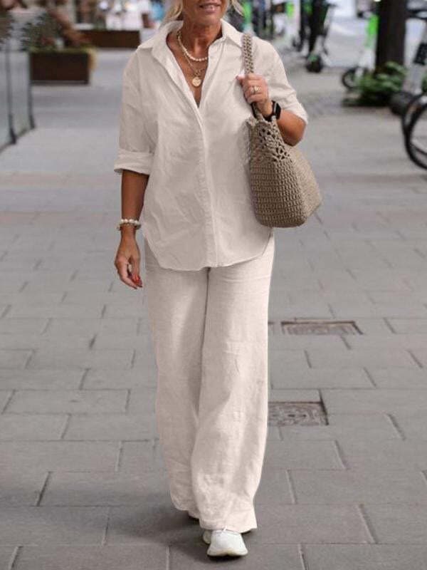 Lapel Long Sleeve Shirt Pants Wide Leg Suit