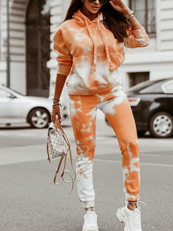 Tie-dye Loose Hooded Sweatshirt and Casual Pants Two-piece Set