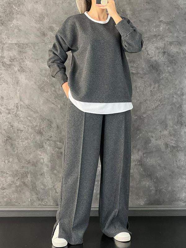 Women’s Casual Round Neck Fake Two-Piece Contrast Color Suit