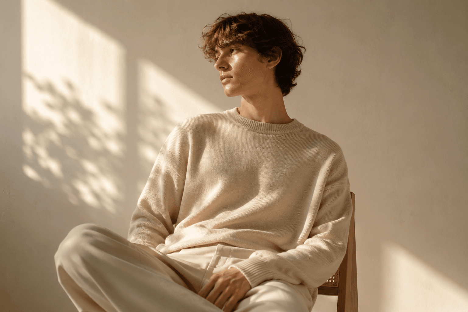 Model in a cream knit sweater seated in soft natural light