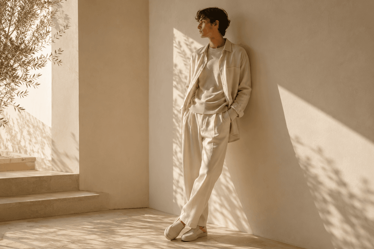 Model in layered cream apparel by a sunlit plaster wall