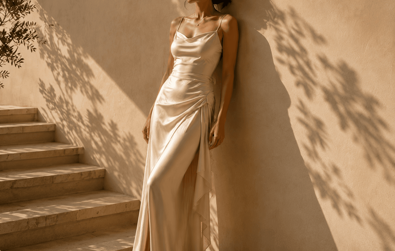 Model in a satin slip dress against a sunlit plaster wall