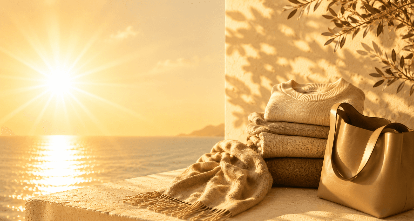 Golden-hour Mediterranean scene — folded knitwear and a leather tote by the sea