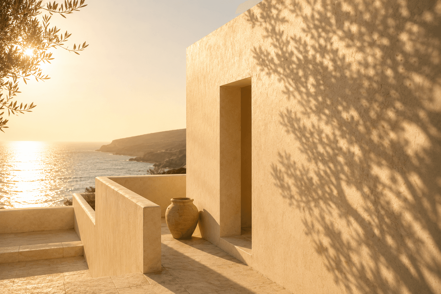 Mediterranean terrace at golden hour — a plaster wall patterned with olive-tree shadows above the sea