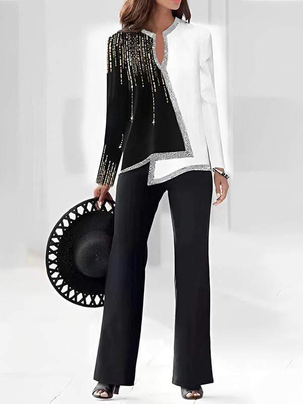 3D digital print women’s V-neck asymmetrical fashion casual shirt pantsuit