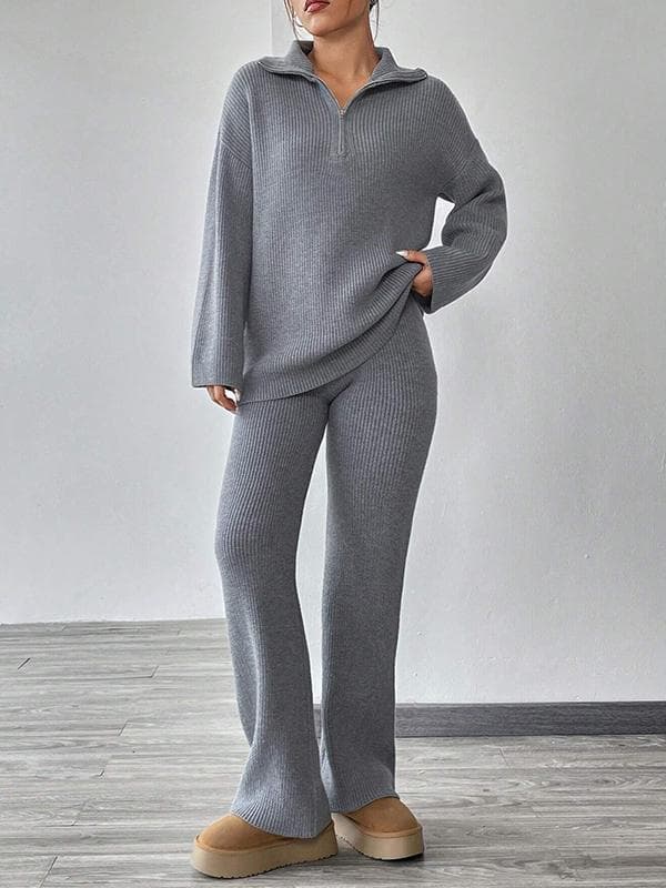 Knitted Sweater With Zipper And Knitted Pants Set With Dropped Shoulders