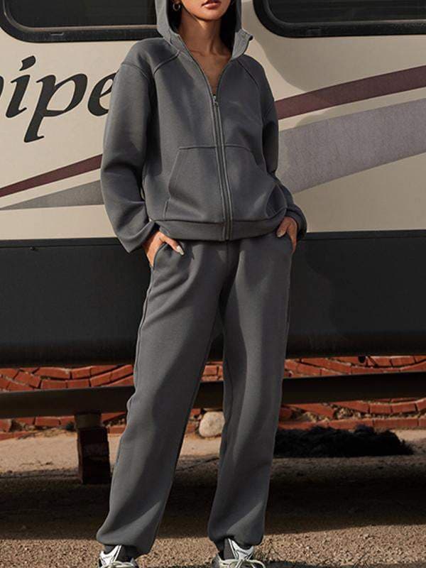 Women’s solid color hooded long-sleeved ankle set sports two-piece set